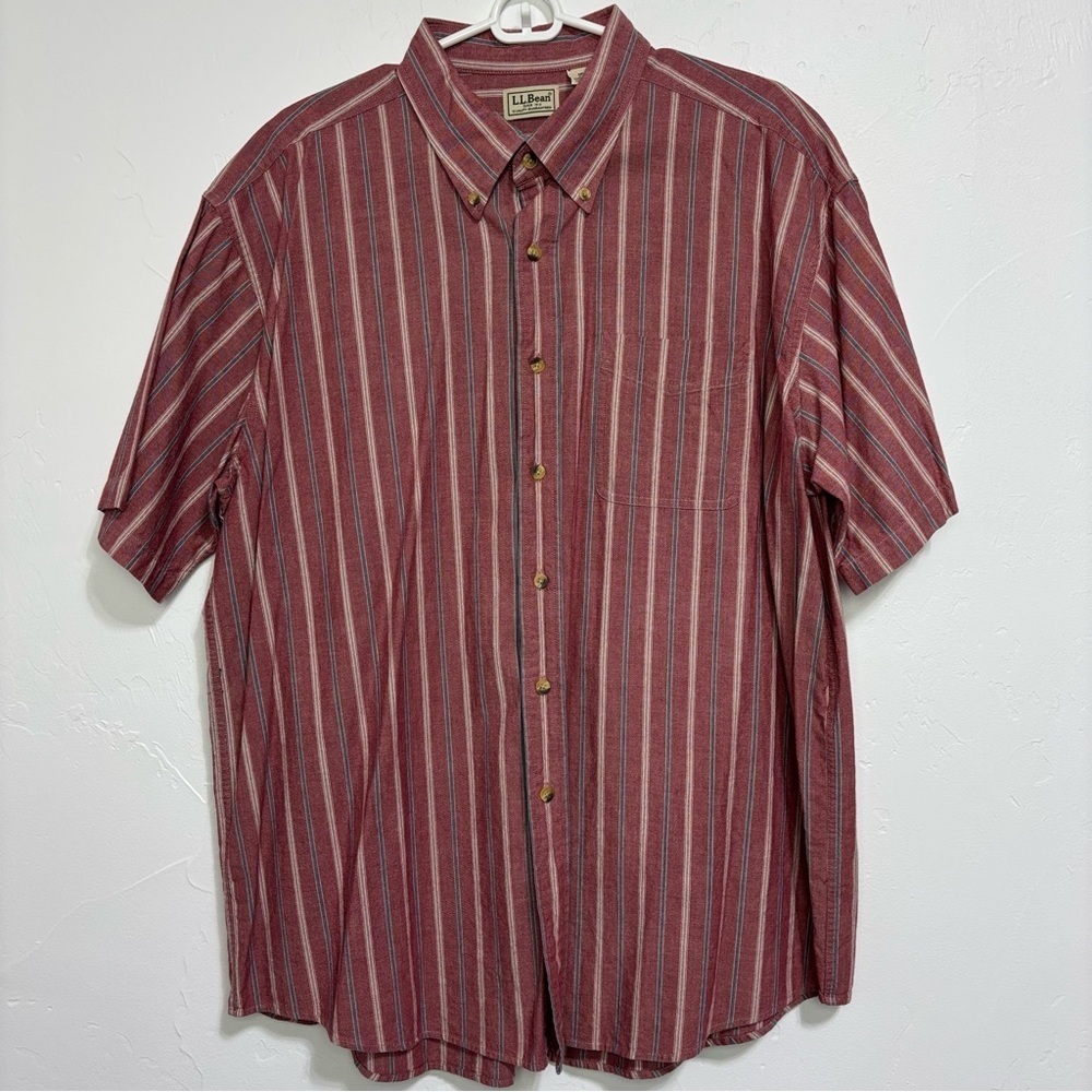 LL Bean Striped Button Down Casual Short Sleeve Shirt Men's XL Red Cotton Casual